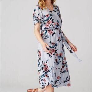 J. Jill Cornflower Blue Floral Print Short Sleeve Tie Waist Midi Dress Large
